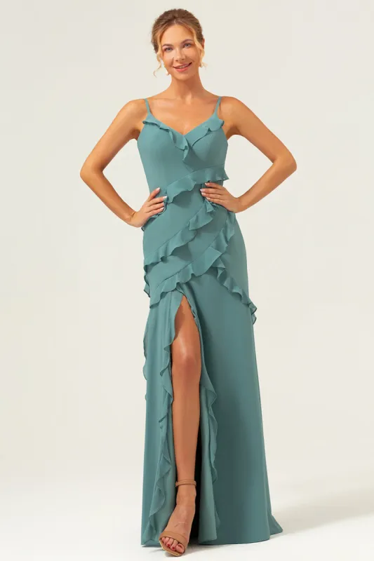 Eucalyptus Sheath Spaghetti Straps Ruffle Long Bridesmaid Dress with Slit sold by Zapaka