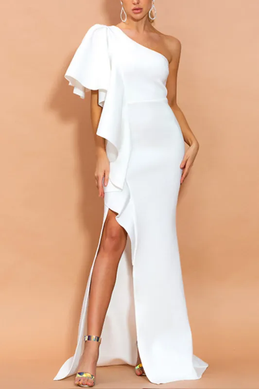 One Shoulder White Evening Party Dress made by Zapaka