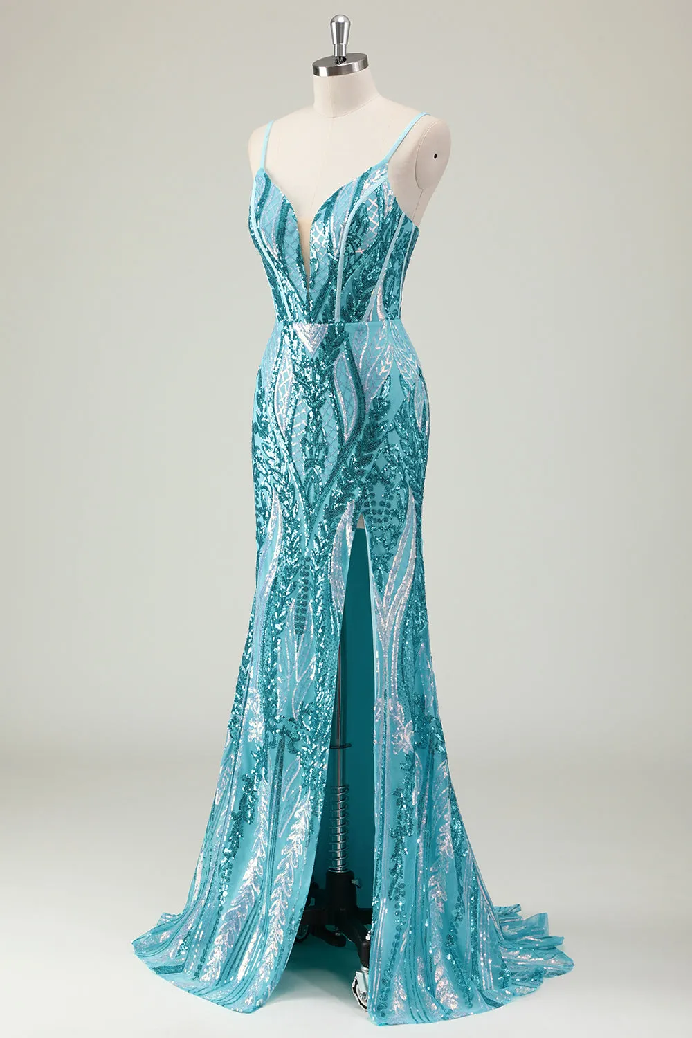 Sparkly Blue Mermaid Spaghetti Straps Long Prom Dress with Sequins sold by Zapaka product image thumbnail 3