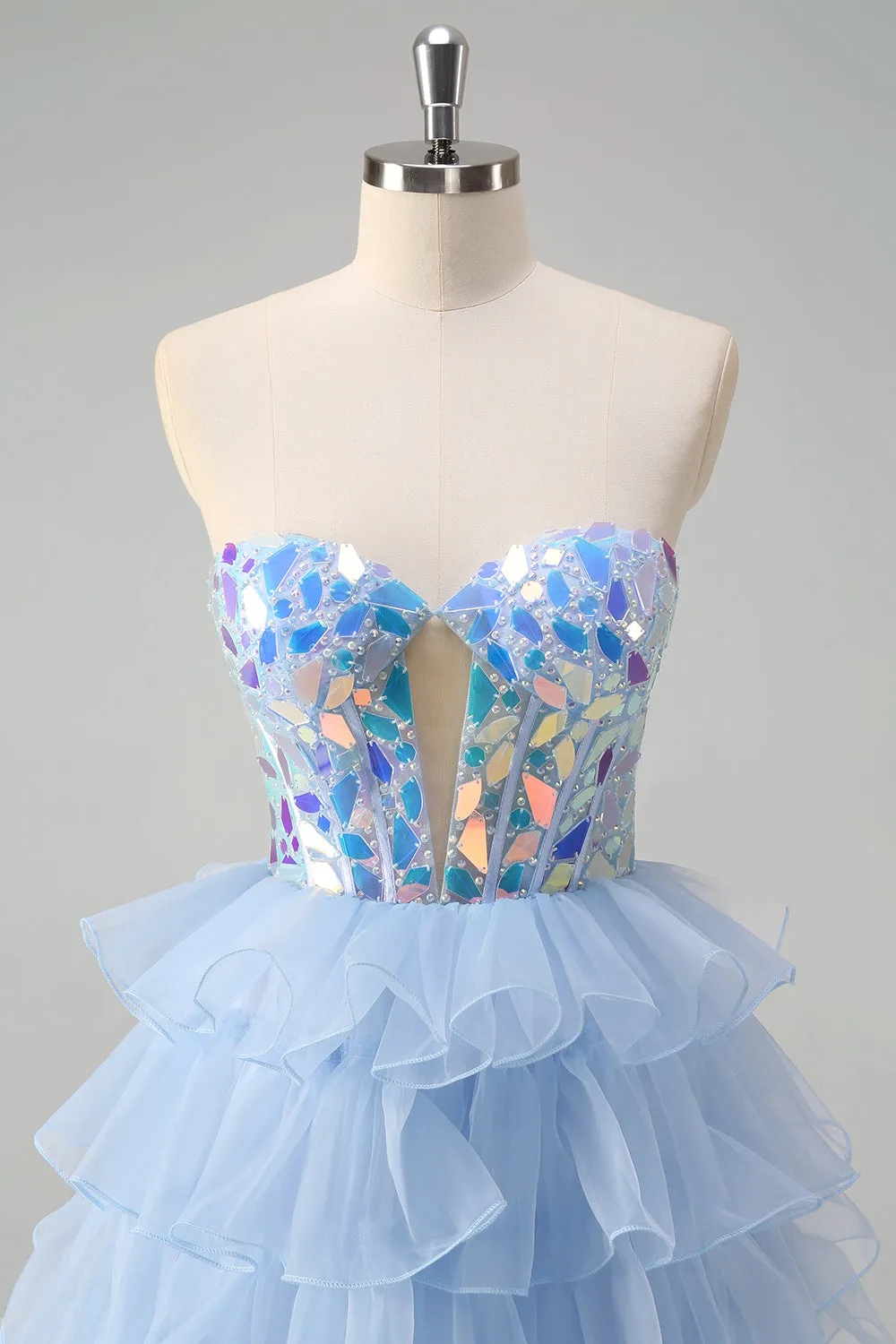 Blue A-Line Sweetheart Keyhole Corset Tiered Mirrors Ruffle Long Prom Dress sold by Zapaka product image thumbnail 4