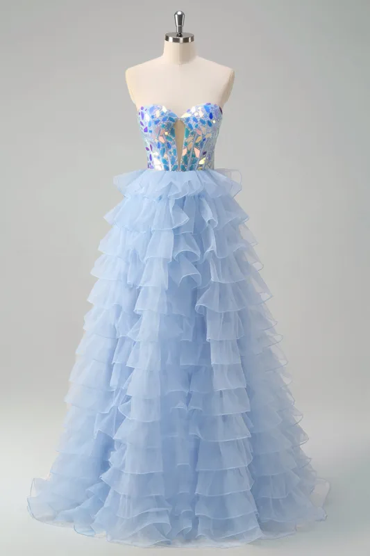 Blue A-Line Sweetheart Keyhole Corset Tiered Mirrors Ruffle Long Prom Dress sold by Zapaka