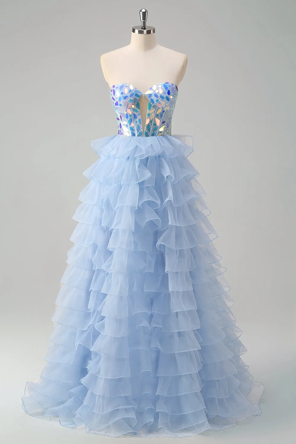 Blue A-Line Sweetheart Keyhole Corset Tiered Mirrors Ruffle Long Prom Dress sold by Zapaka