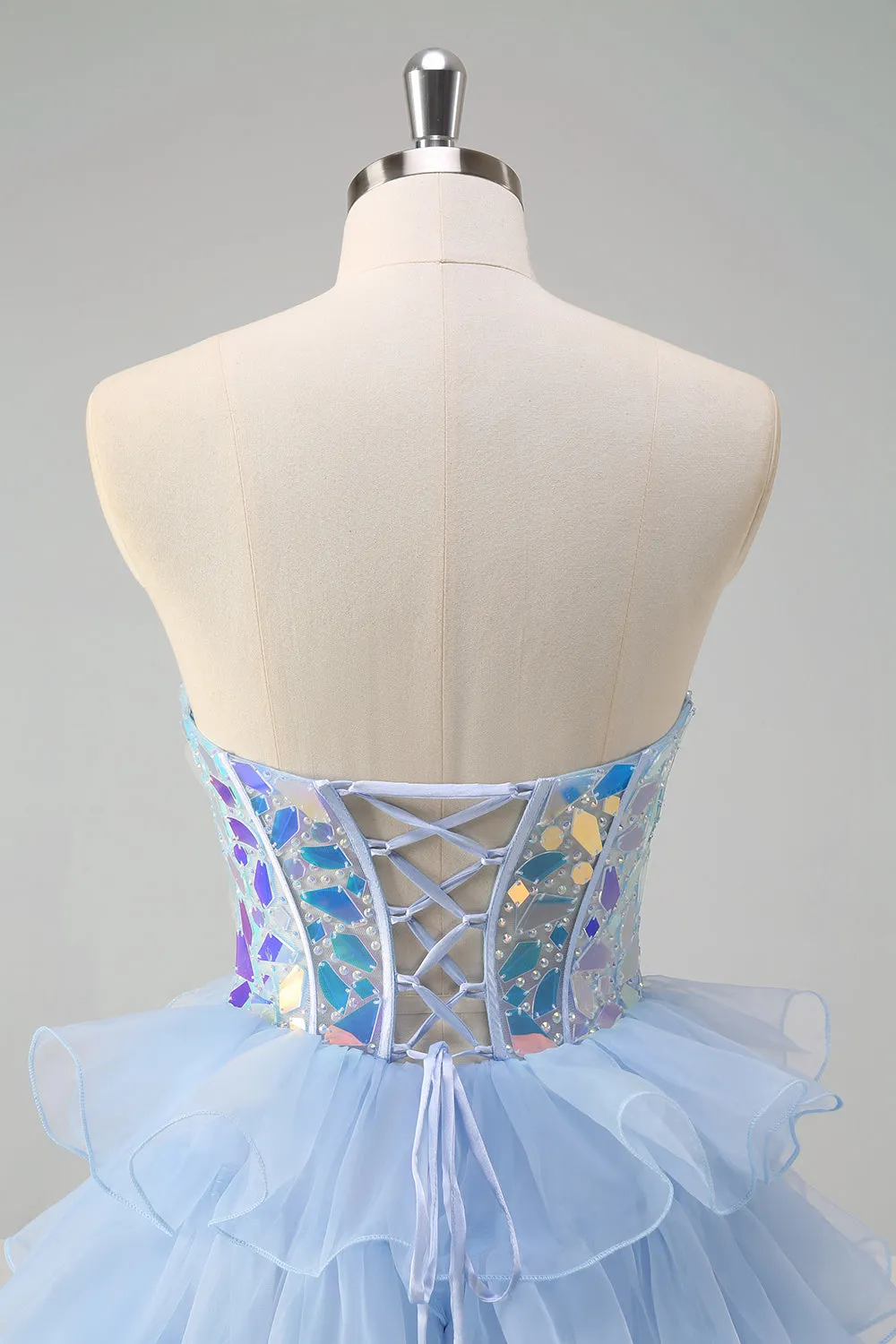 Blue A-Line Sweetheart Keyhole Corset Tiered Mirrors Ruffle Long Prom Dress sold by Zapaka product image thumbnail 5