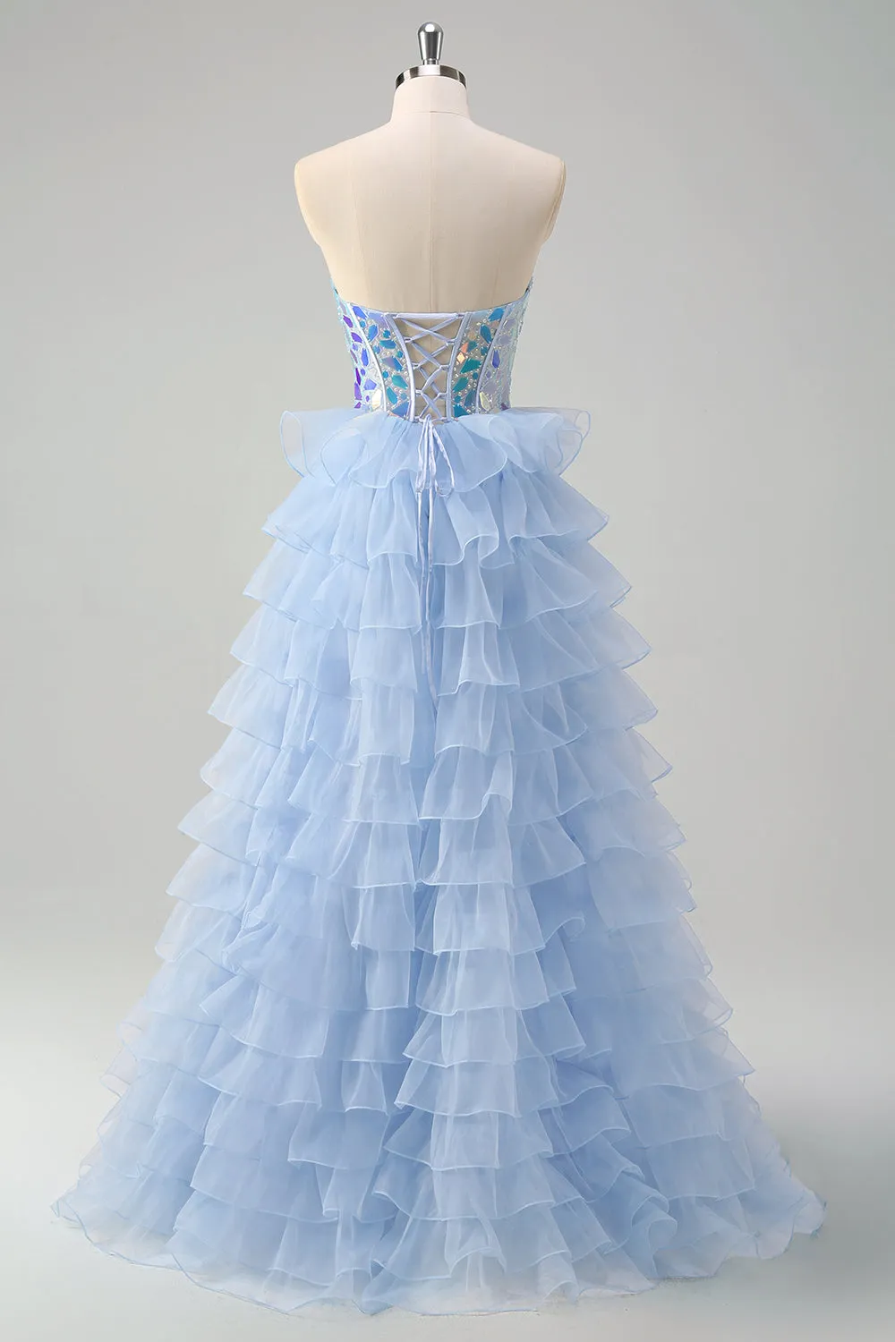 Blue A-Line Sweetheart Keyhole Corset Tiered Mirrors Ruffle Long Prom Dress sold by Zapaka product image thumbnail 2