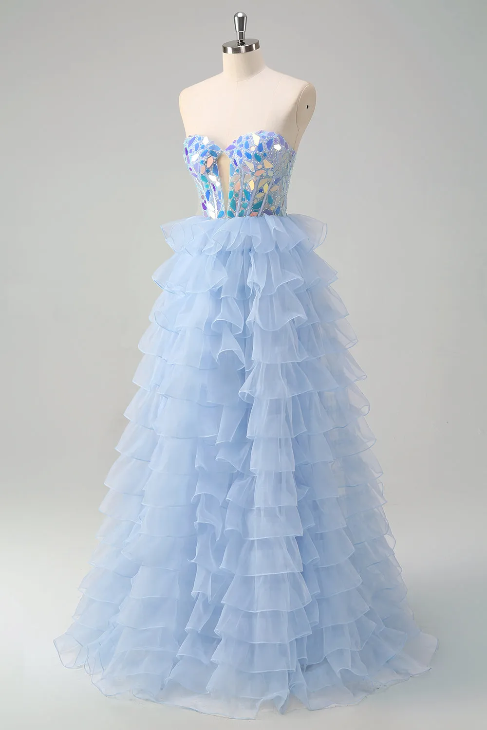 Blue A-Line Sweetheart Keyhole Corset Tiered Mirrors Ruffle Long Prom Dress sold by Zapaka product image thumbnail 3