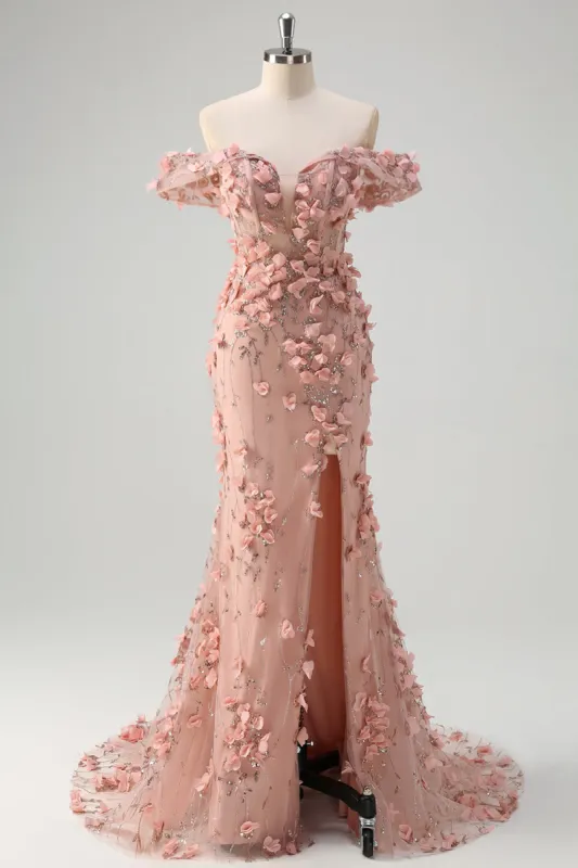 Blush Mermaid Off the Shoulder Slit Long Prom Dress With 3D Flowers sold by Zapaka