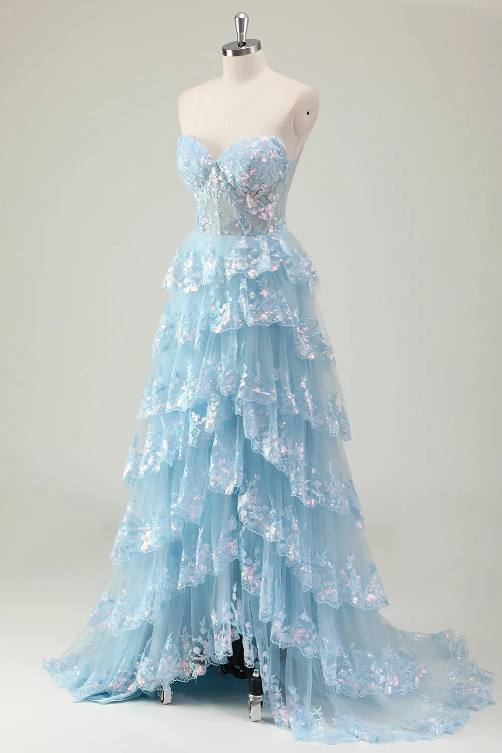 Glitter Blue A Line Strapless Sequin Corset Tiered Long Prom Dress sold by Zapaka product image thumbnail 3