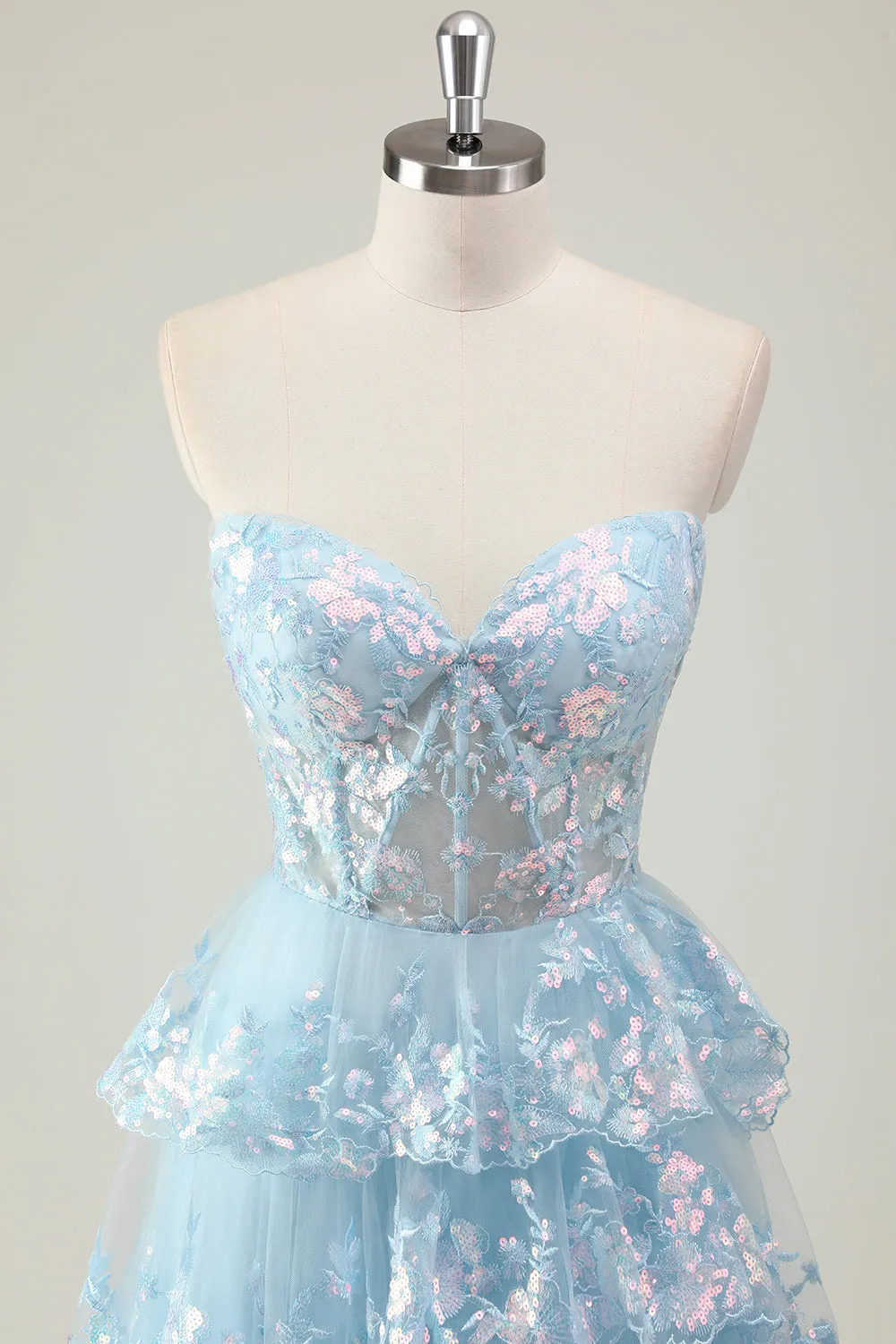 Glitter Blue A Line Strapless Sequin Corset Tiered Long Prom Dress sold by Zapaka product image thumbnail 4