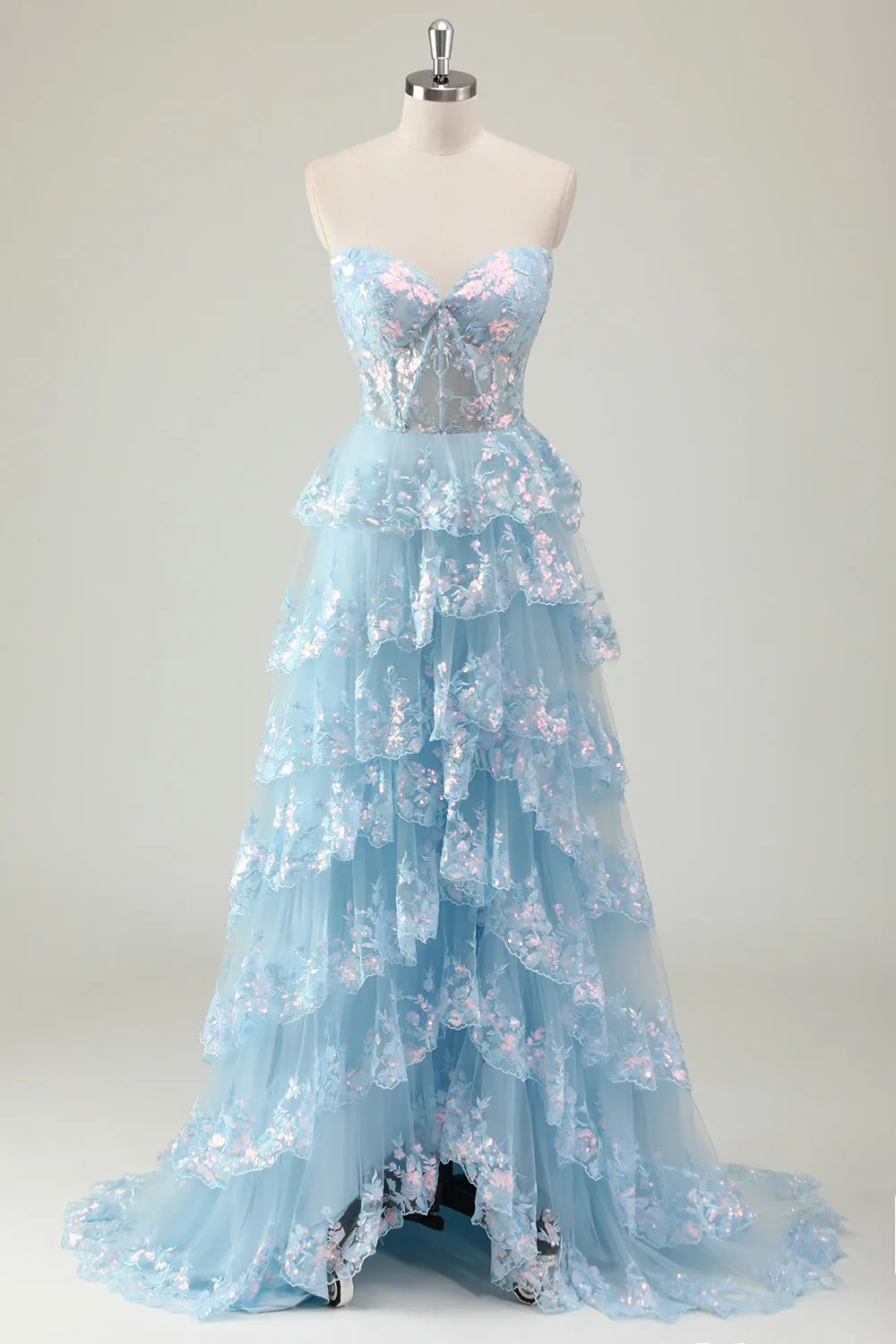 Glitter Blue A Line Strapless Sequin Corset Tiered Long Prom Dress sold by Zapaka