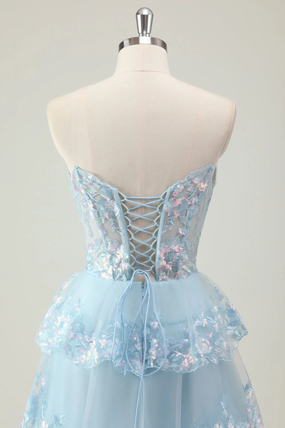 Glitter Blue A Line Strapless Sequin Corset Tiered Long Prom Dress sold by Zapaka product image thumbnail 5