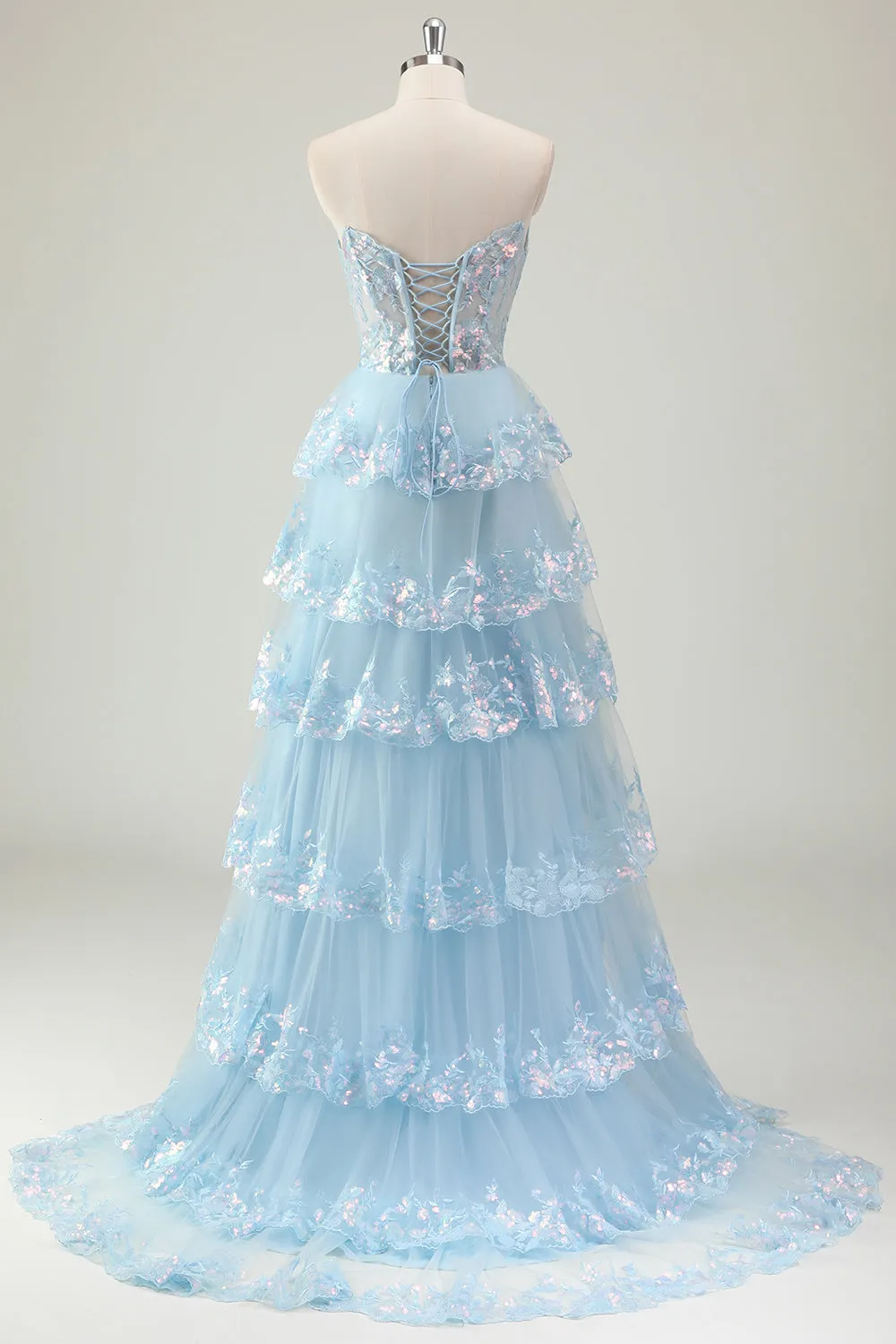 Glitter Blue A Line Strapless Sequin Corset Tiered Long Prom Dress sold by Zapaka product image thumbnail 2