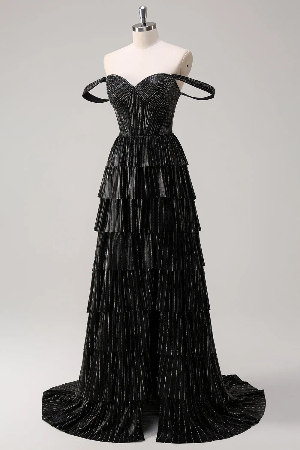 Sparkly Black Silver A Line Off The Shoulder Corset Tiered Prom Dress with Beading sold by Zapaka product image thumbnail 3