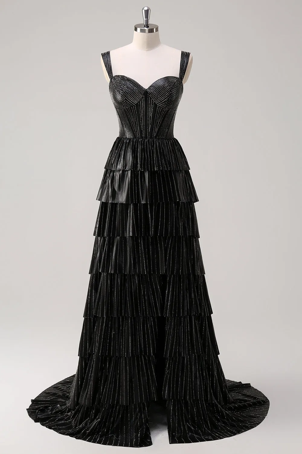 Sparkly Black Silver A Line Off The Shoulder Corset Tiered Prom Dress with Beading sold by Zapaka product image thumbnail 4