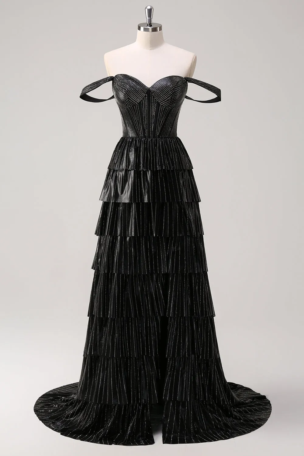 Sparkly Black Silver A Line Off The Shoulder Corset Tiered Prom Dress with Beading sold by Zapaka