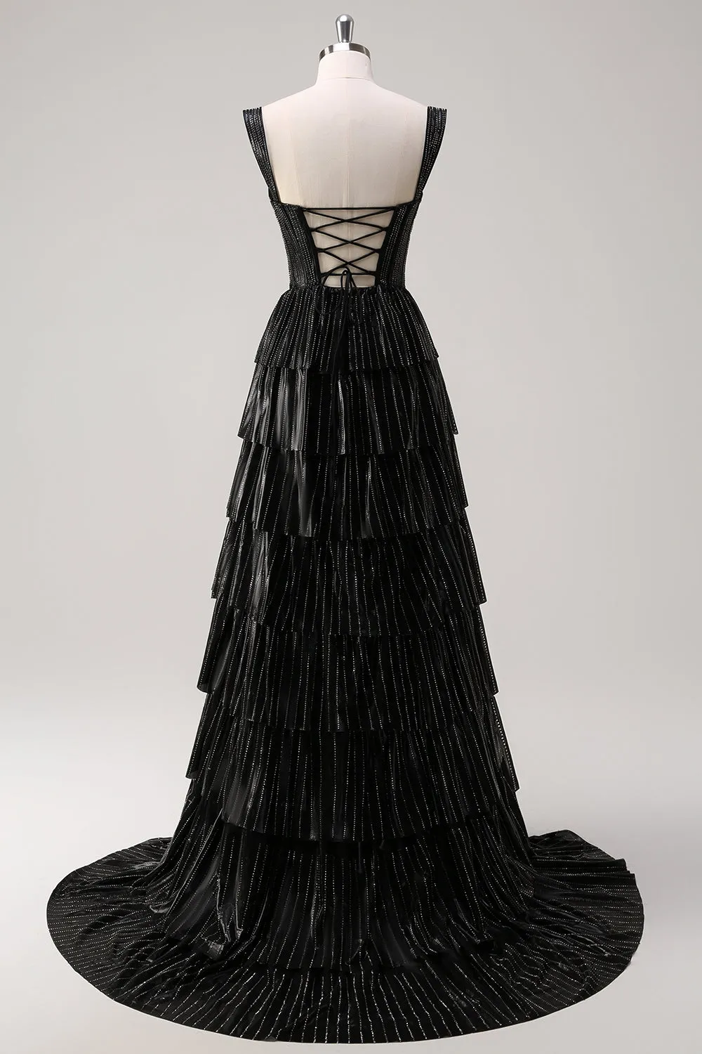 Sparkly Black Silver A Line Off The Shoulder Corset Tiered Prom Dress with Beading sold by Zapaka product image thumbnail 5