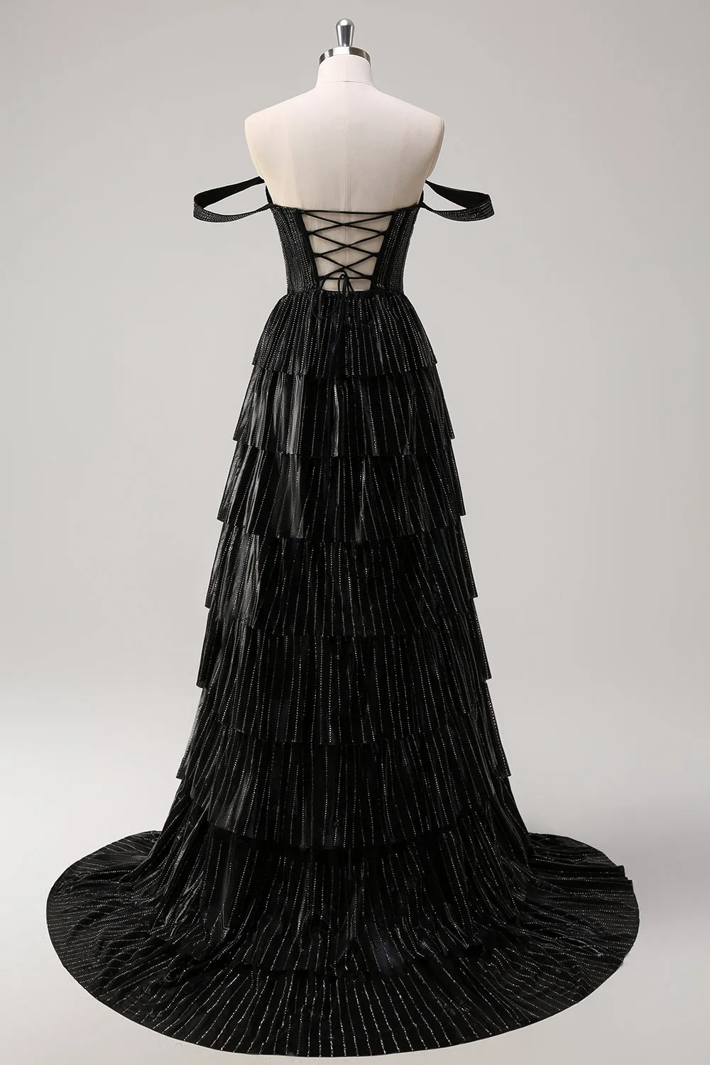 Sparkly Black Silver A Line Off The Shoulder Corset Tiered Prom Dress with Beading sold by Zapaka product image thumbnail 2