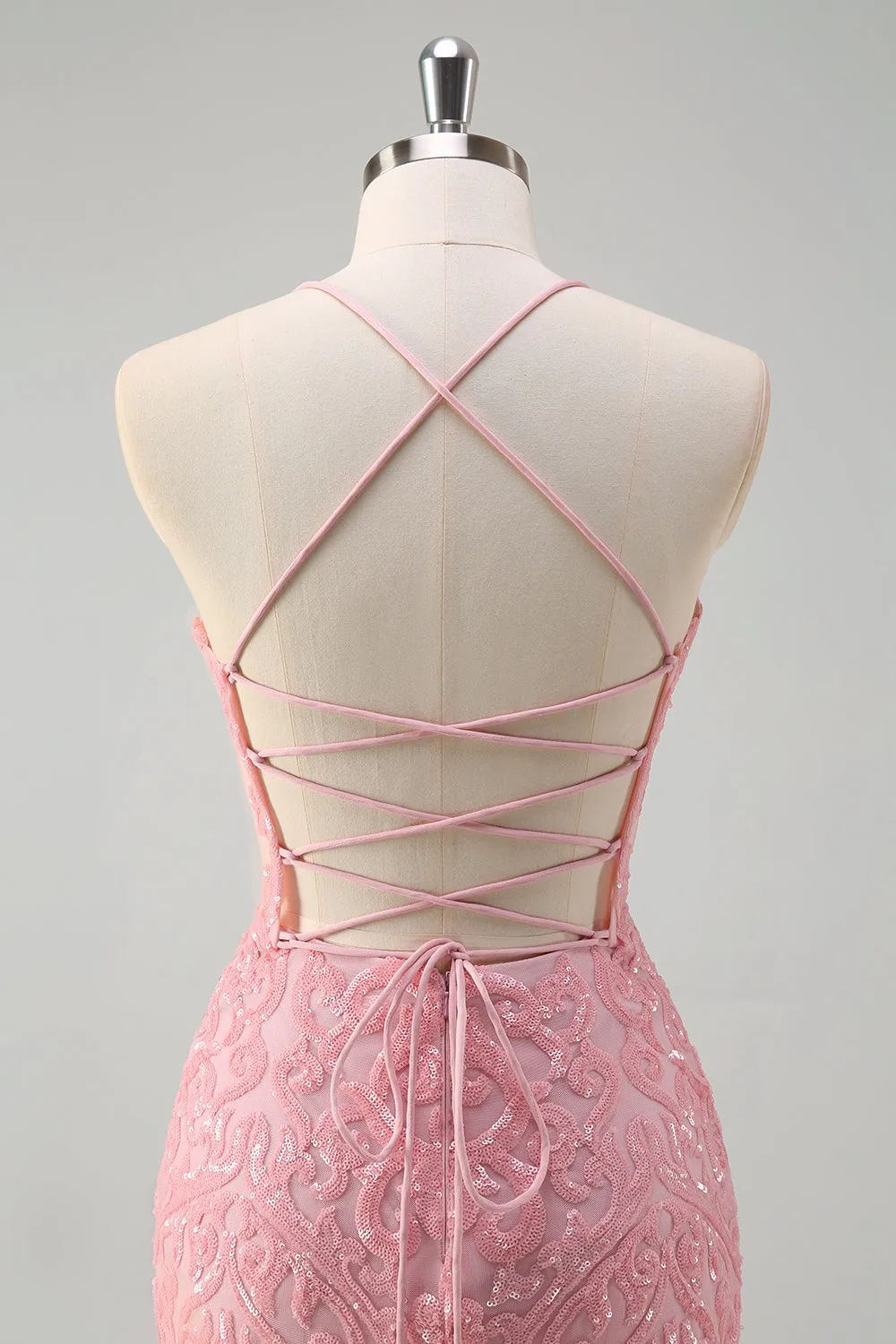 Sparkly Pink Mermaid Spaghetti Straps Sequin Long Prom Dress with Feathers sold by Zapaka product image thumbnail 5