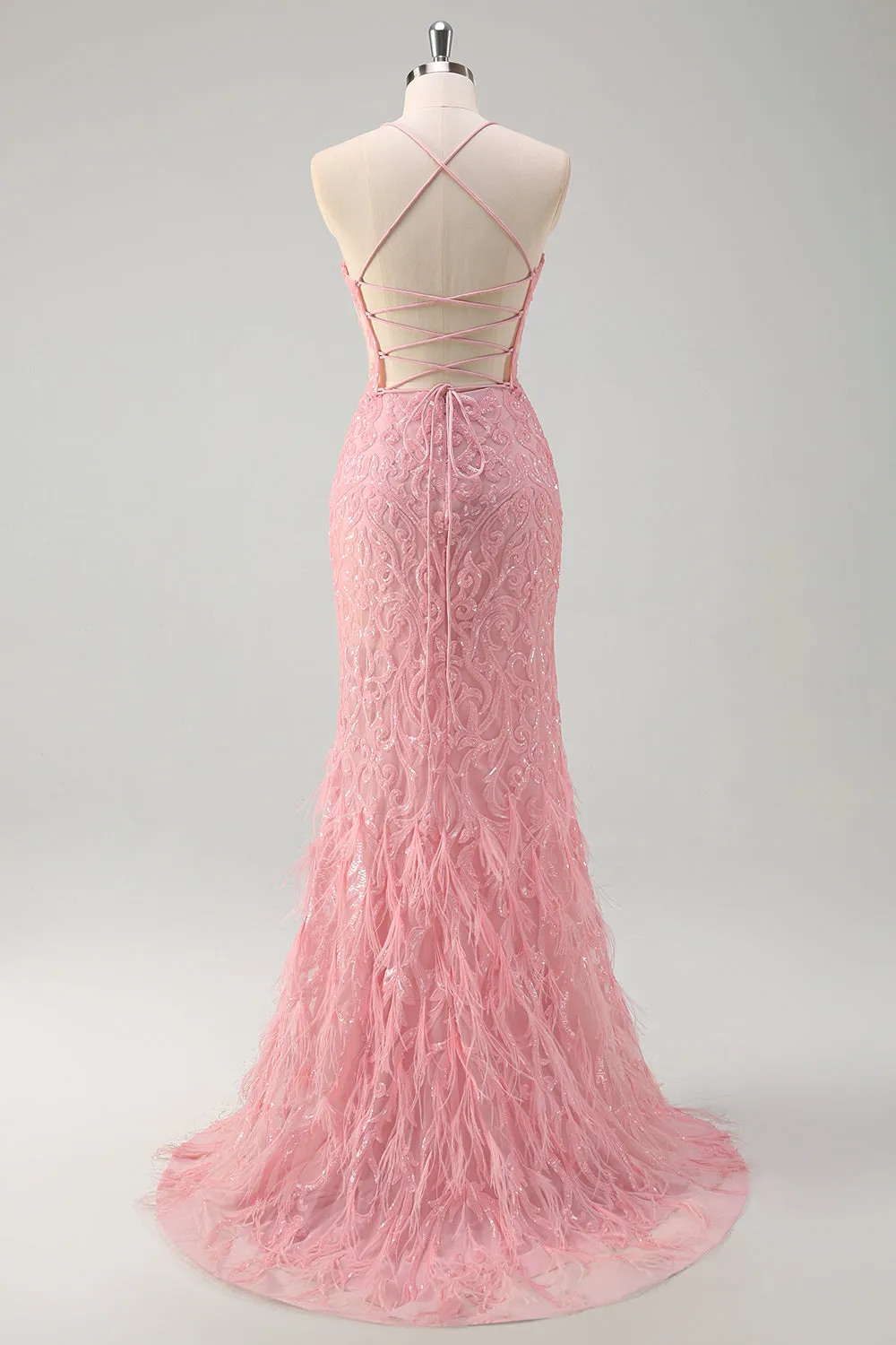 Sparkly Pink Mermaid Spaghetti Straps Sequin Long Prom Dress with Feathers sold by Zapaka product image thumbnail 2