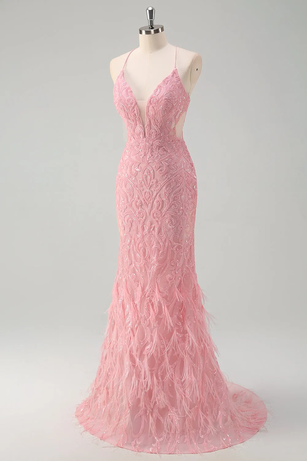 Sparkly Pink Mermaid Spaghetti Straps Sequin Long Prom Dress with Feathers sold by Zapaka product image thumbnail 3