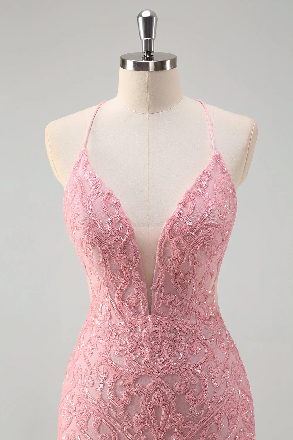 Sparkly Pink Mermaid Spaghetti Straps Sequin Long Prom Dress with Feathers sold by Zapaka product image thumbnail 4