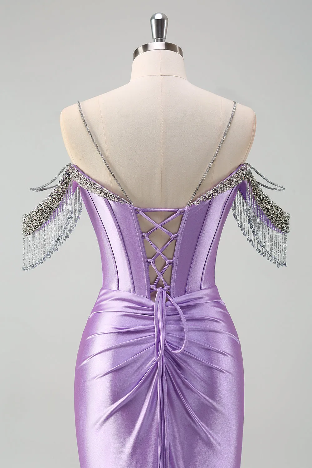Sparkly Lilac Mermaid Cold Shoulder Tassels Satin Beaded Long Prom Dress with Slit sold by Zapaka product image thumbnail 5