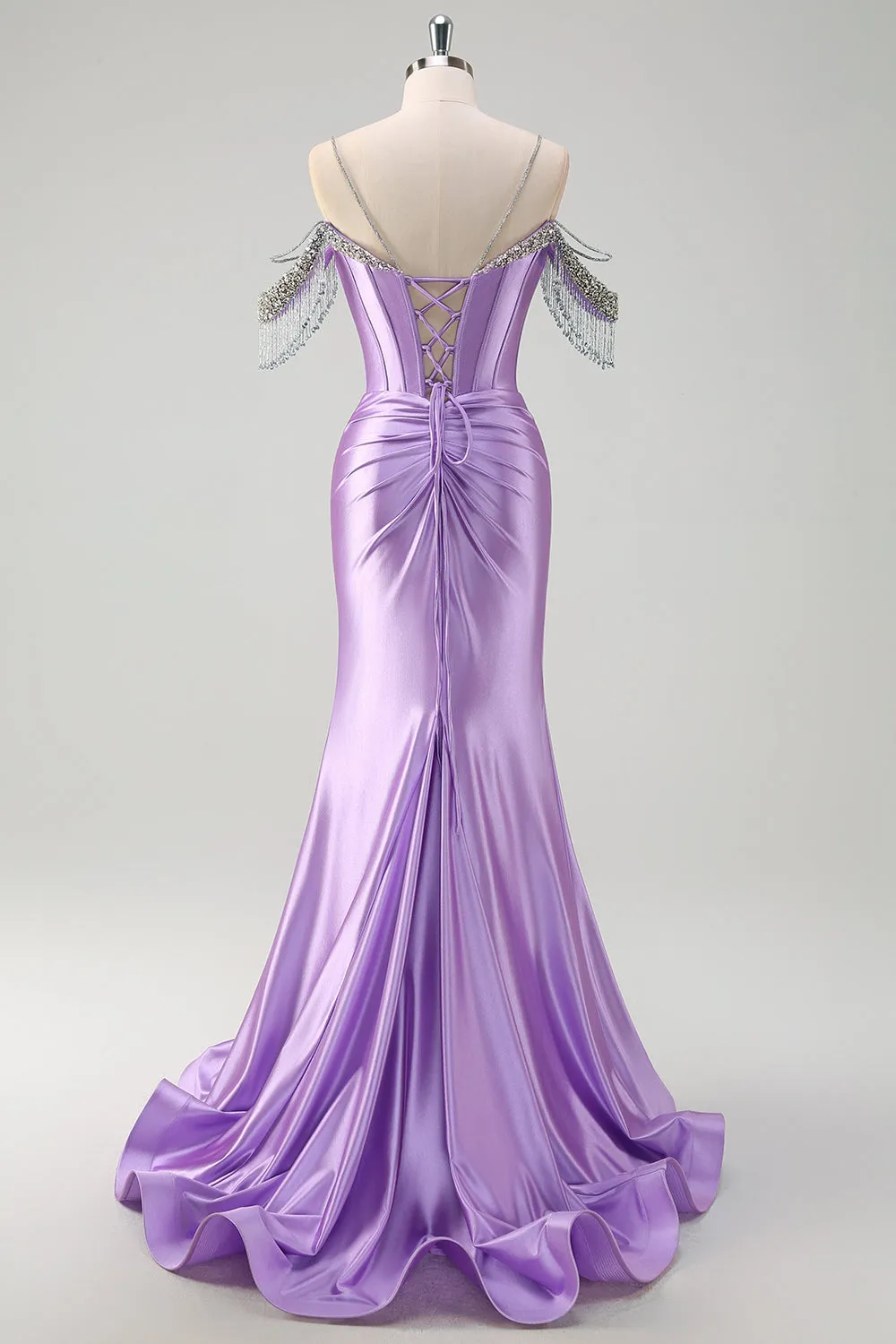 Sparkly Lilac Mermaid Cold Shoulder Tassels Satin Beaded Long Prom Dress with Slit sold by Zapaka product image thumbnail 2