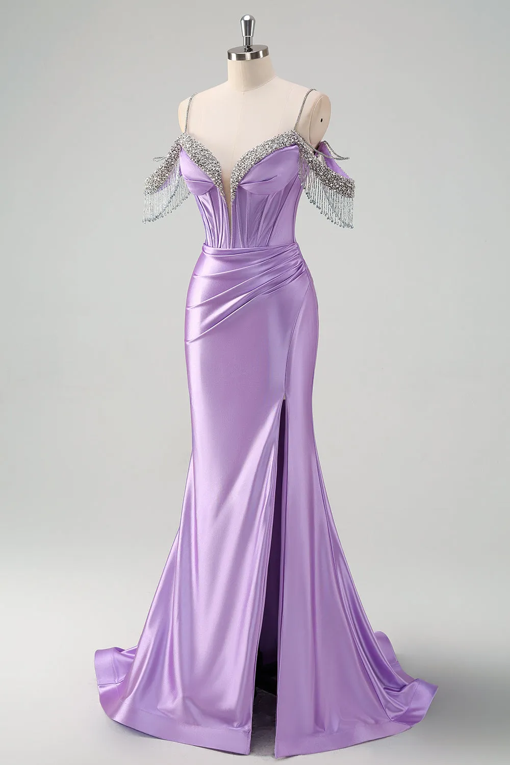 Sparkly Lilac Mermaid Cold Shoulder Tassels Satin Beaded Long Prom Dress with Slit sold by Zapaka product image thumbnail 3