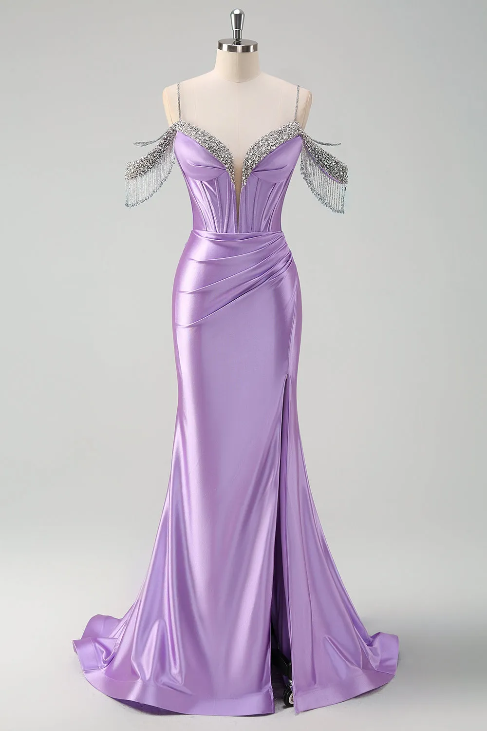 Sparkly Lilac Mermaid Cold Shoulder Tassels Satin Beaded Long Prom Dress with Slit sold by Zapaka