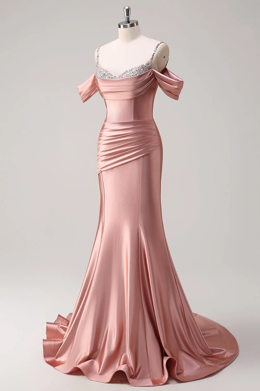 Glitter Blush Mermaid Cold Shoulder Ruched Long Prom Dress with Beading sold by Zapaka product image thumbnail 3