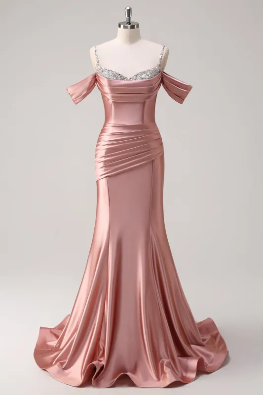 Glitter Blush Mermaid Cold Shoulder Ruched Long Prom Dress with Beading sold by Zapaka