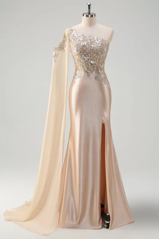 Sparkly Champagne Mermaid One Shoulder Sequin Long Prom Dress with Slit sold by Zapaka