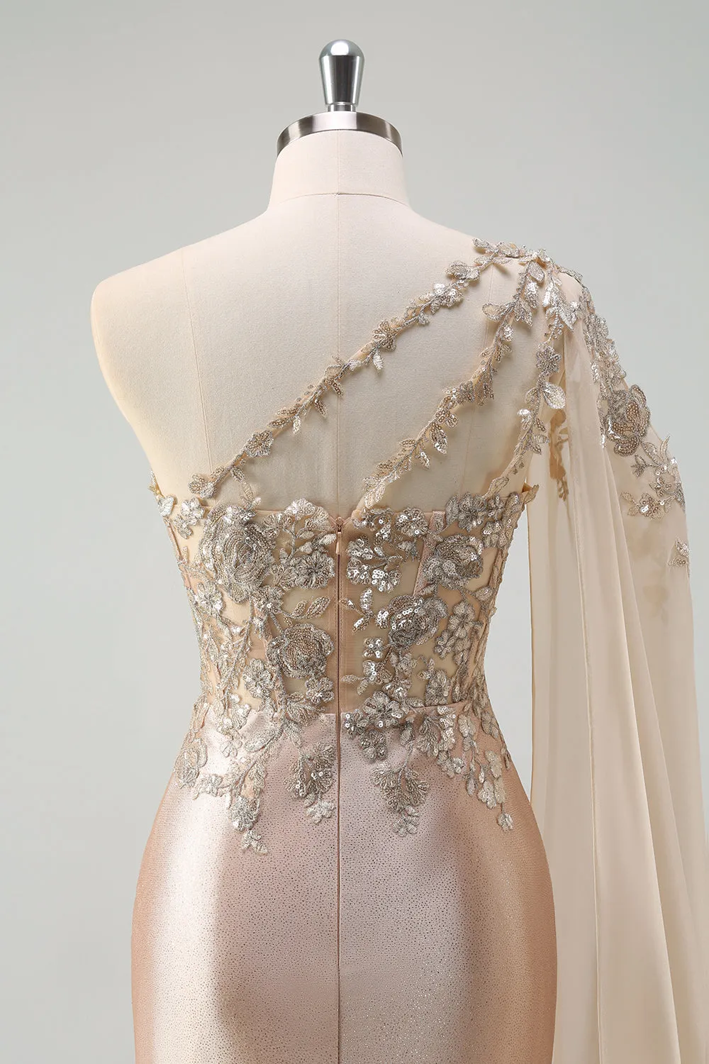 Sparkly Champagne Mermaid One Shoulder Sequin Long Prom Dress with Slit sold by Zapaka product image thumbnail 5