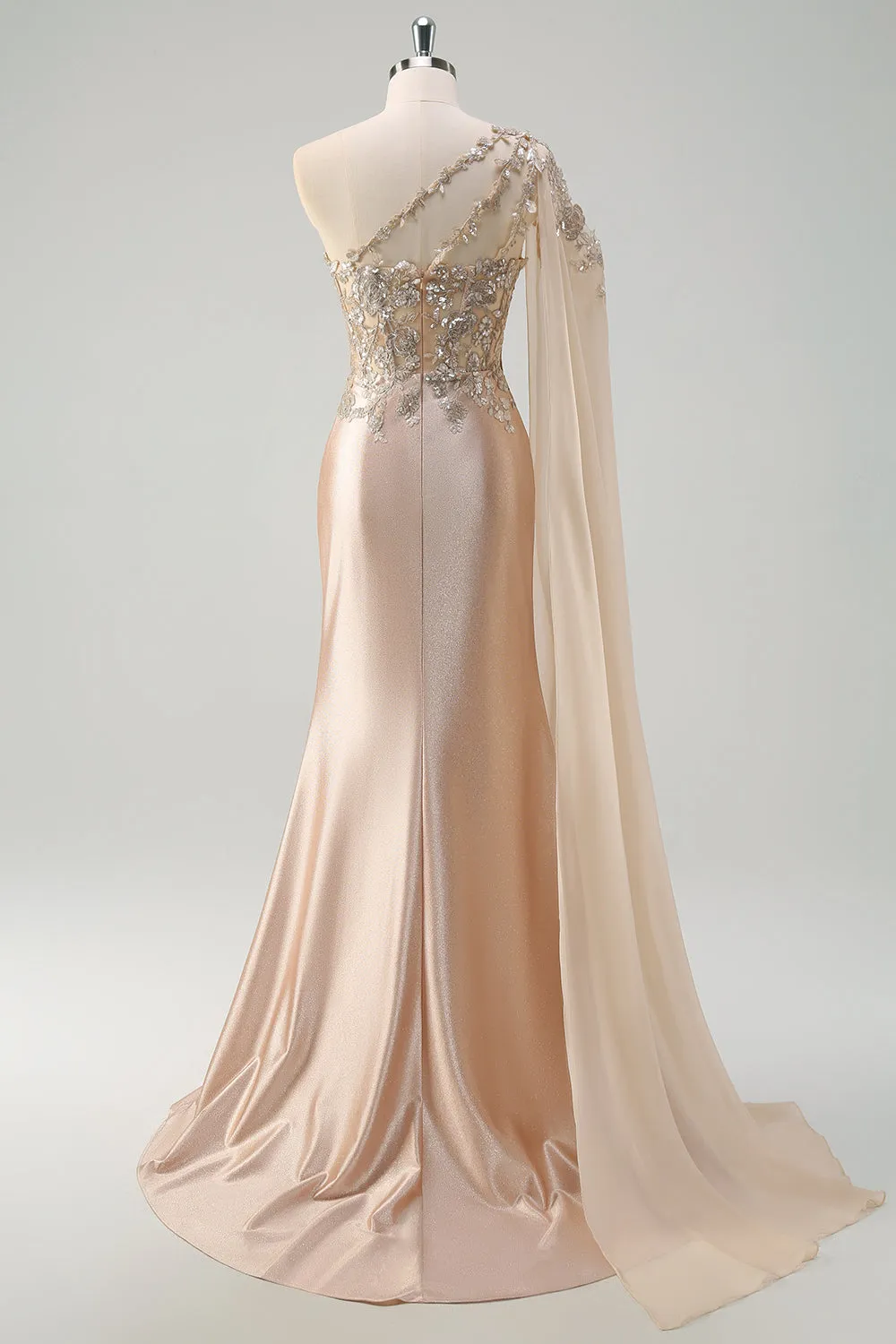 Sparkly Champagne Mermaid One Shoulder Sequin Long Prom Dress with Slit sold by Zapaka product image thumbnail 2