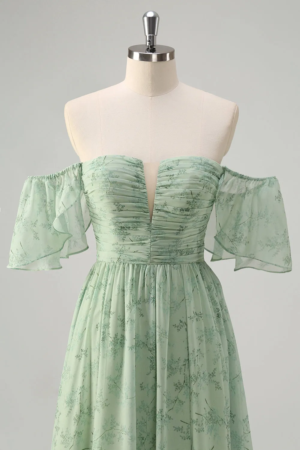 Dusty Sage A Line Off the Shoulder Print Long Prom Dress with Slit sold by Zapaka product image thumbnail 4