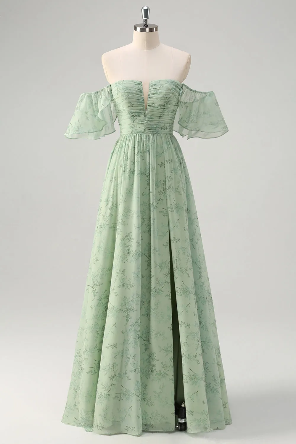 Dusty Sage A Line Off the Shoulder Print Long Prom Dress with Slit sold by Zapaka