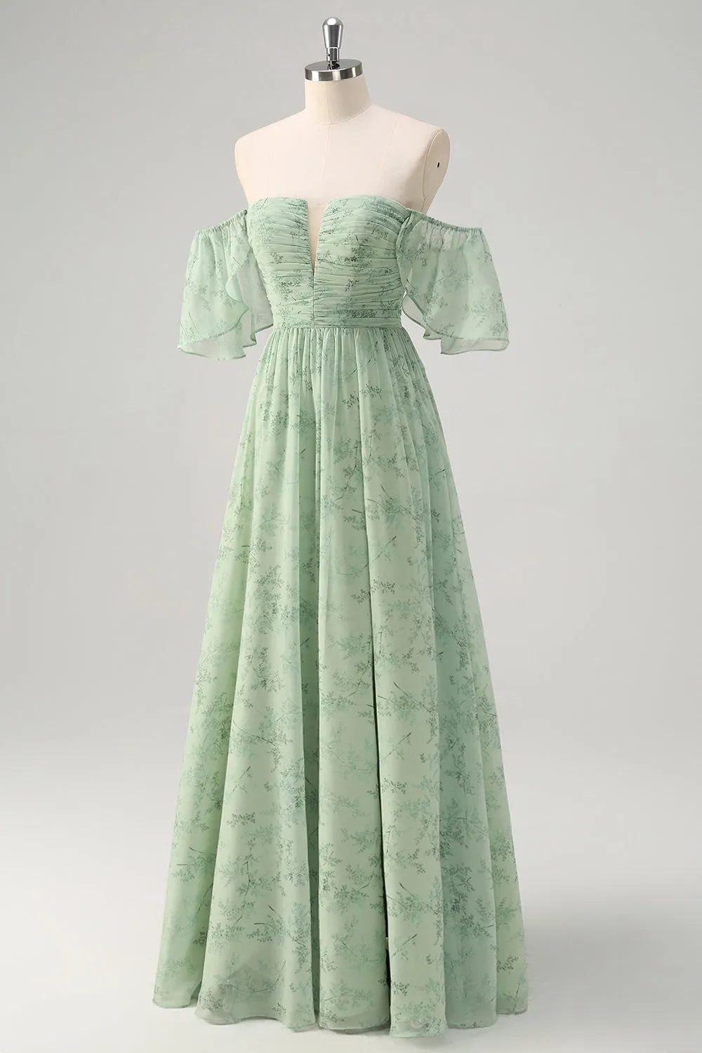 Dusty Sage A Line Off the Shoulder Print Long Prom Dress with Slit sold by Zapaka product image thumbnail 3