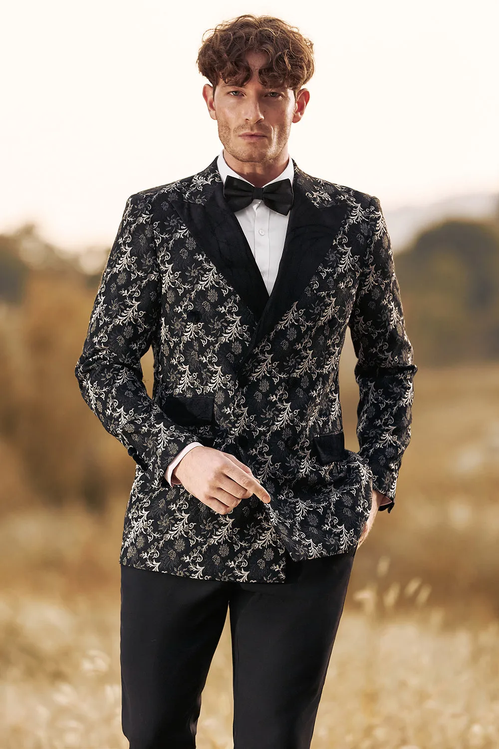 Black Jacquard 2 Pieces Peak Lapel Double Breasted Men's Prom Suits sold by Zapaka product image thumbnail 3