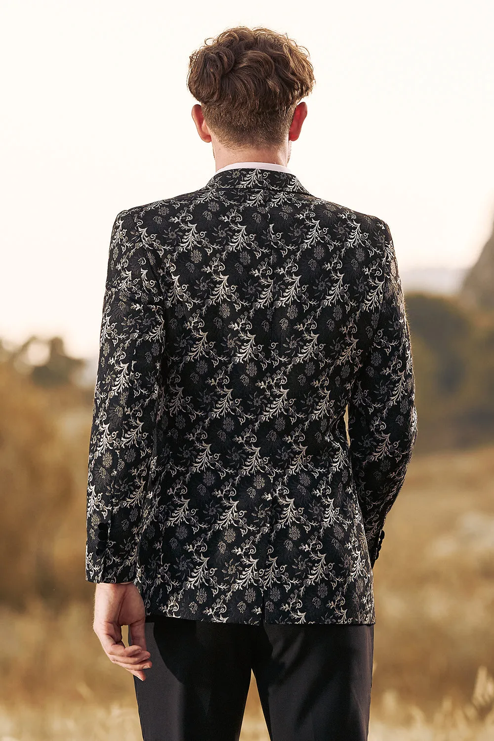 Black Jacquard 2 Pieces Peak Lapel Double Breasted Men's Prom Suits sold by Zapaka product image thumbnail 2