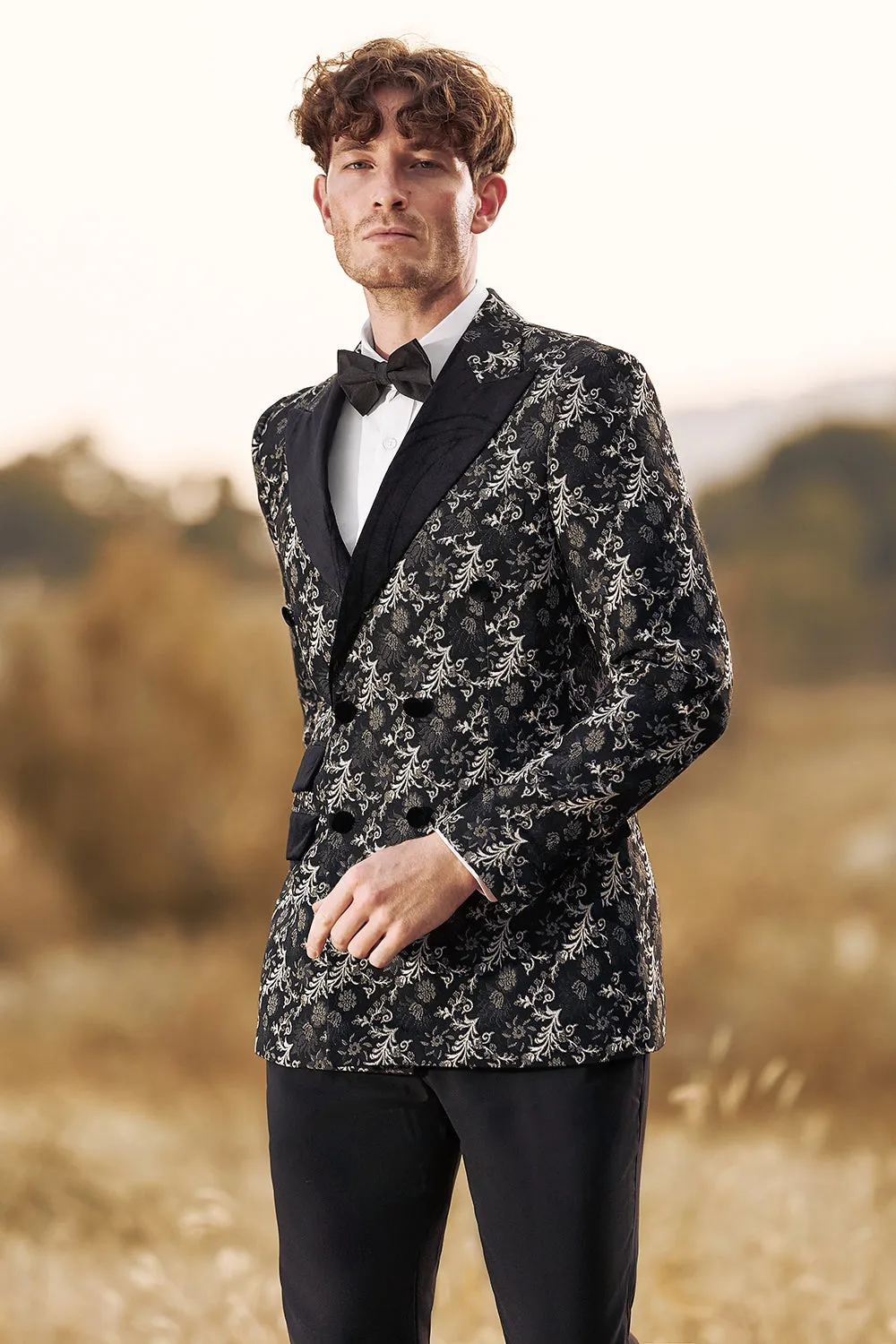 Black Jacquard 2 Pieces Peak Lapel Double Breasted Men's Prom Suits sold by Zapaka product image thumbnail 4