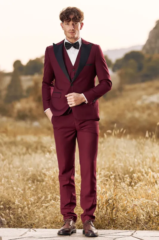 3 Pieces Peak Lapel Burgundy Men's Prom Suits sold by Zapaka