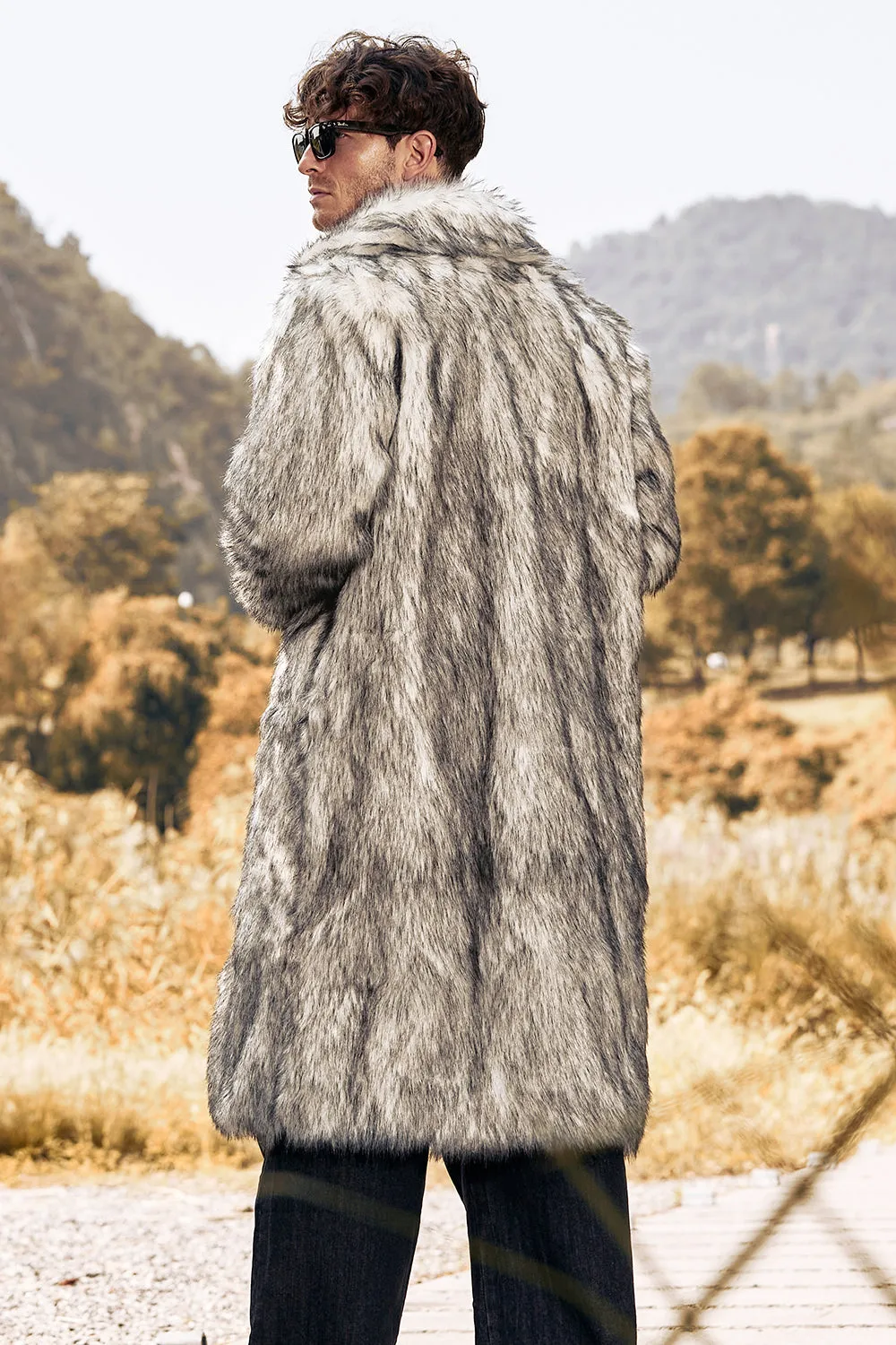 Light Grey Faux Fur Print Mid-Length Collar Men's Coat sold by Zapaka product image thumbnail 2