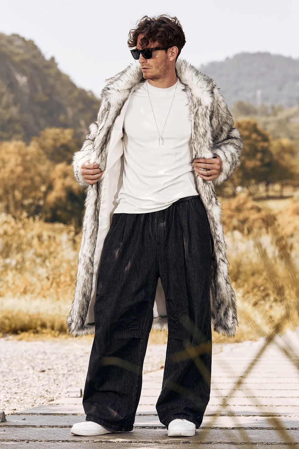 Light Grey Faux Fur Print Mid-Length Collar Men's Coat sold by Zapaka product image thumbnail 5