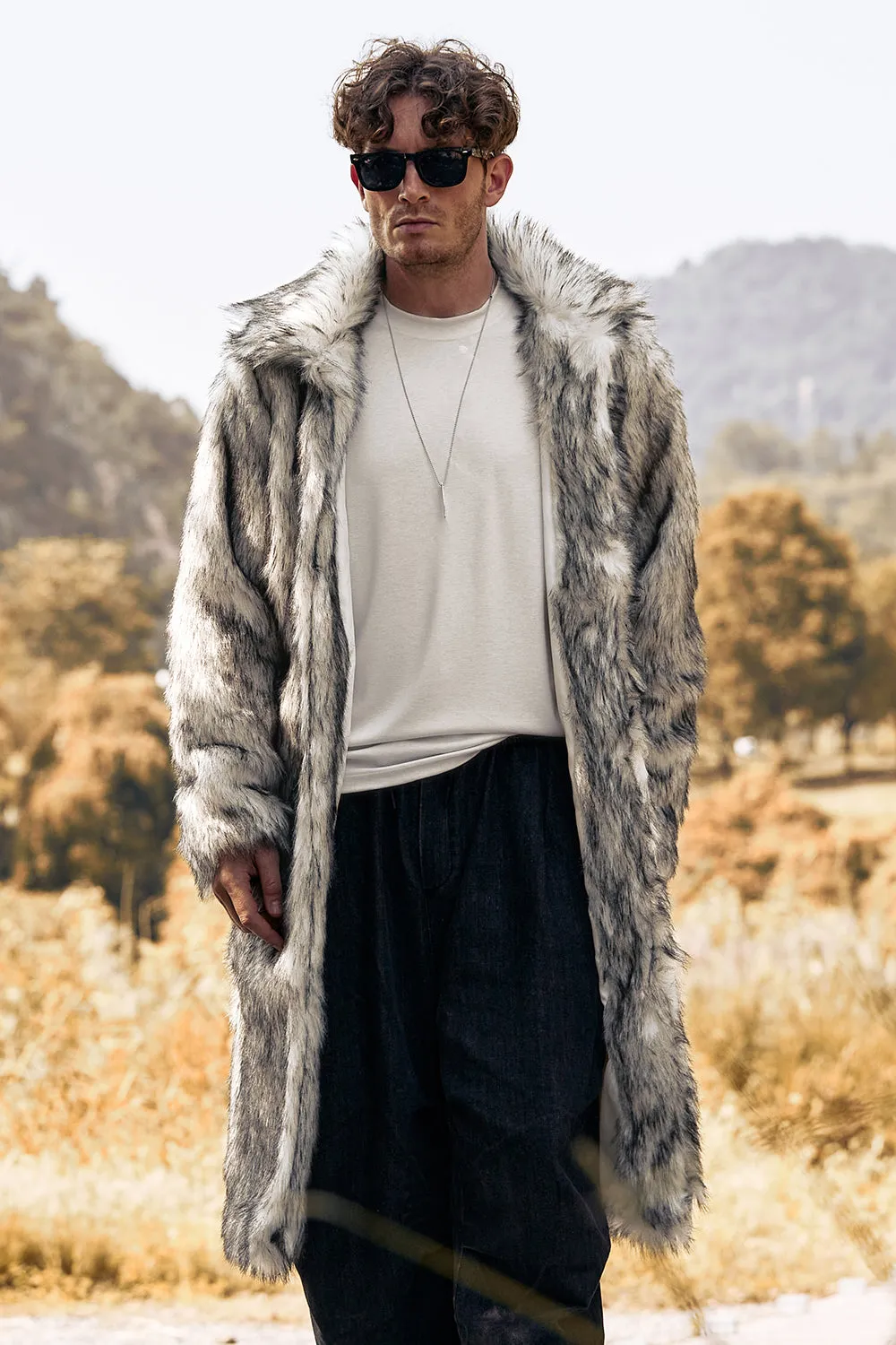 Light Grey Faux Fur Print Mid-Length Collar Men's Coat sold by Zapaka