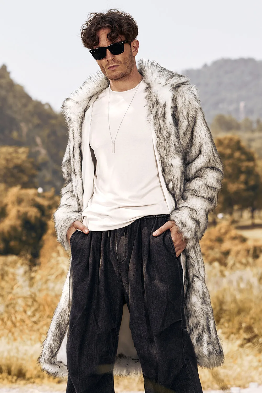 Light Grey Faux Fur Print Mid-Length Collar Men's Coat sold by Zapaka product image thumbnail 4