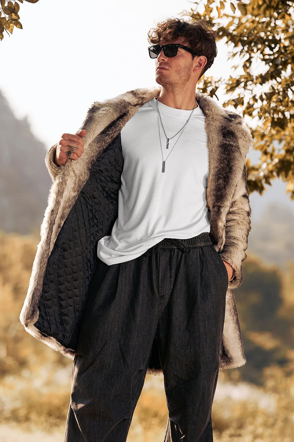 Coffee Faux Fur Single-Breasted Mid-Length Winter Men's Coat sold by Zapaka product image thumbnail 5