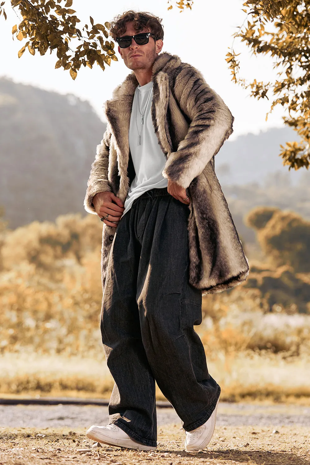 Coffee Faux Fur Single-Breasted Mid-Length Winter Men's Coat sold by Zapaka product image thumbnail 3