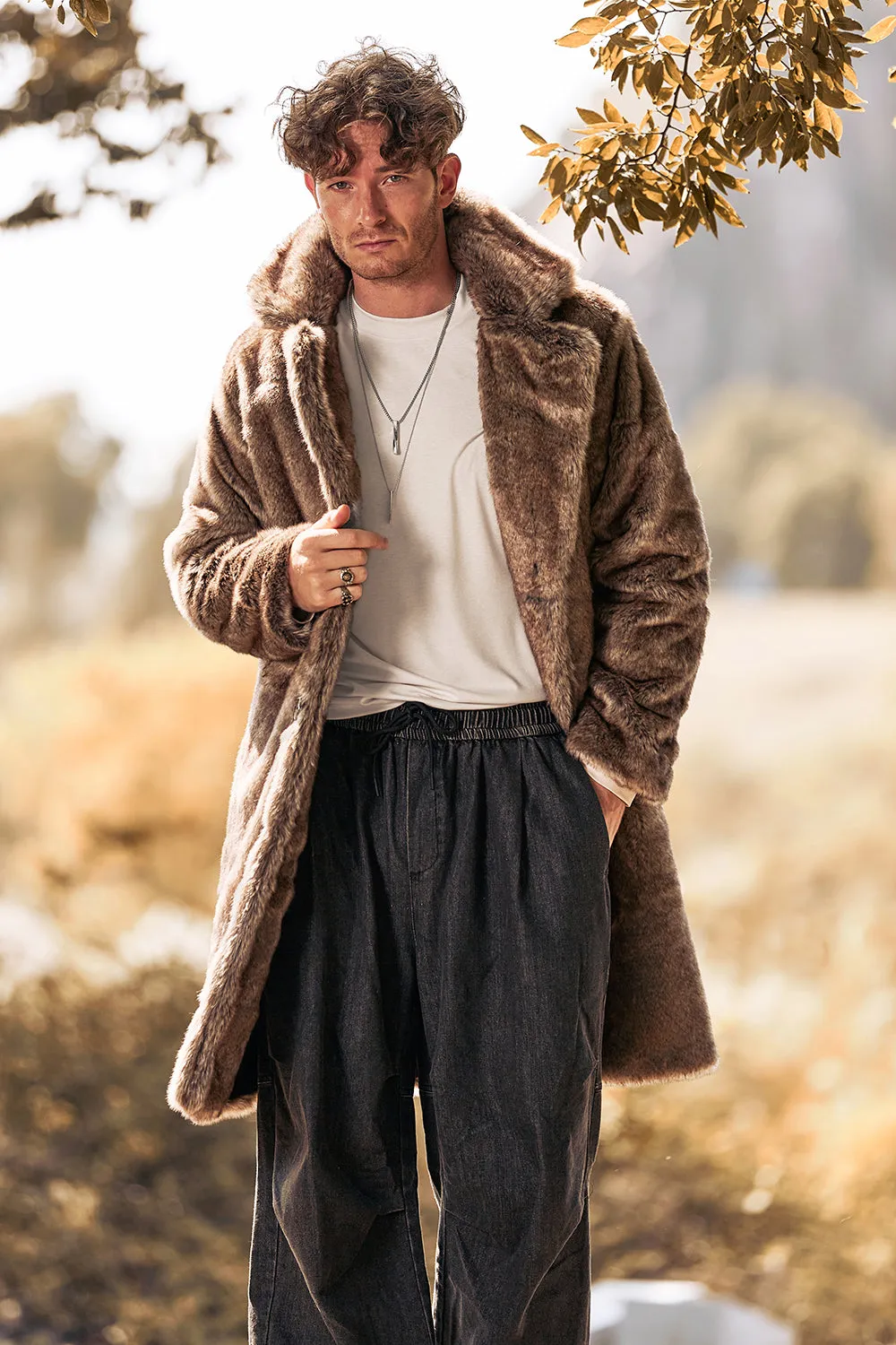 Fluffy Notched Lapel Faux Fur Long Khaki Men's Coat sold by Zapaka