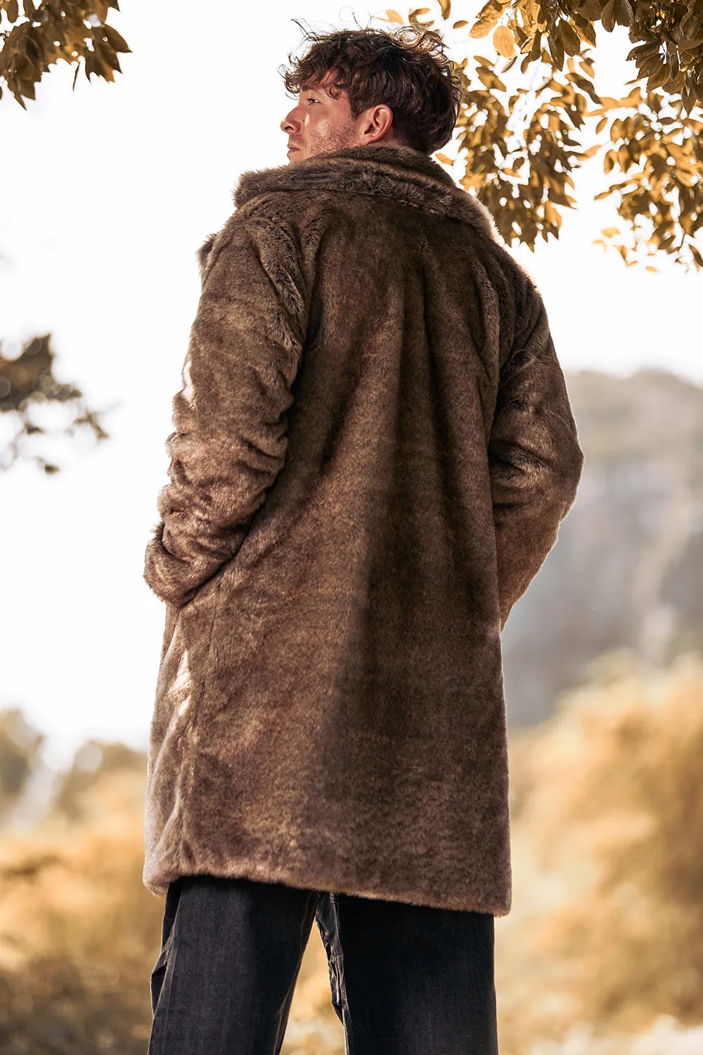 Fluffy Notched Lapel Faux Fur Long Khaki Men's Coat sold by Zapaka product image thumbnail 2