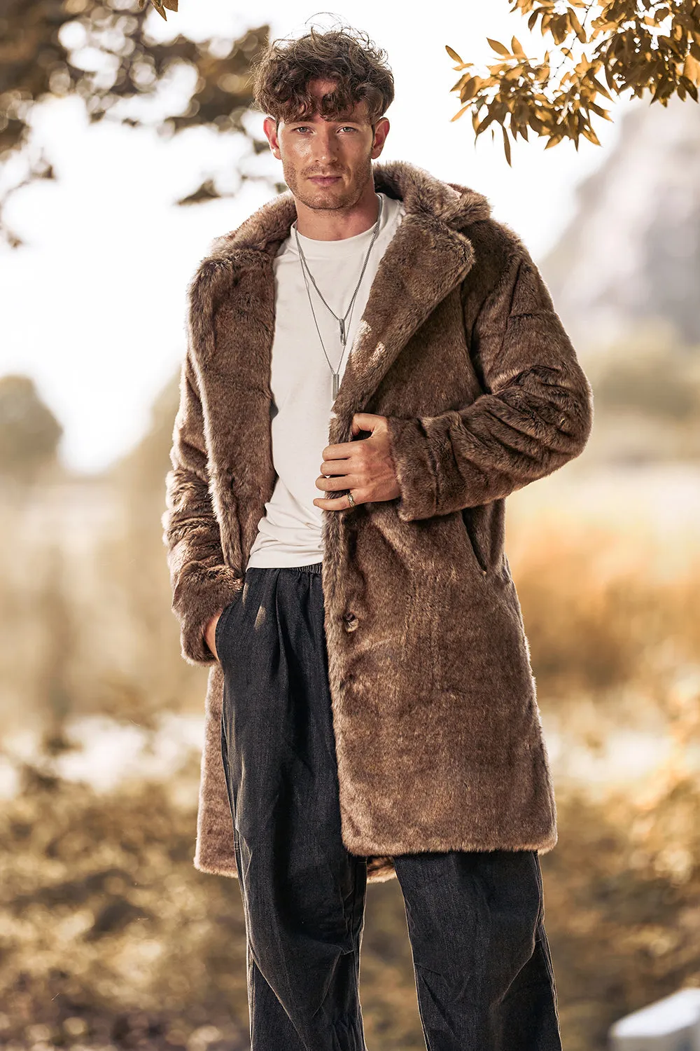 Fluffy Notched Lapel Faux Fur Long Khaki Men's Coat sold by Zapaka product image thumbnail 3