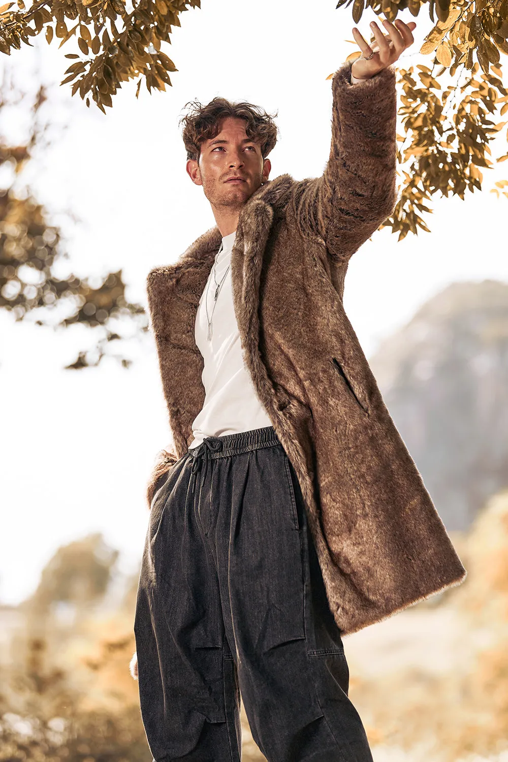 Fluffy Notched Lapel Faux Fur Long Khaki Men's Coat sold by Zapaka product image thumbnail 5